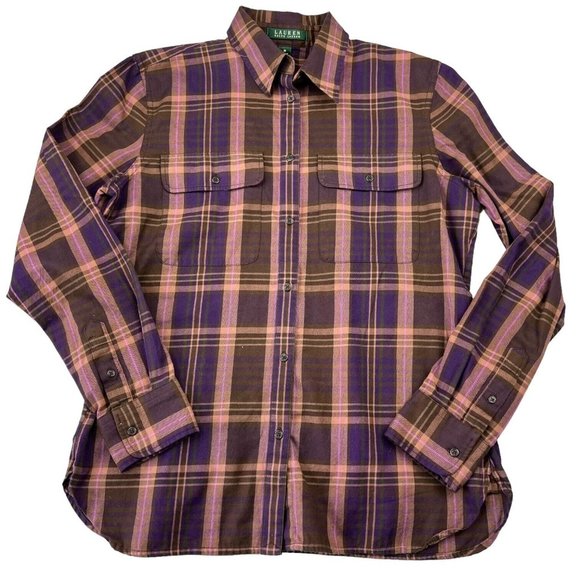 Lauren‎ Ralph Lauren Womens Button Up Shirt Size Medium Purple Plaid Long Sleeve - Picture 1 of 7